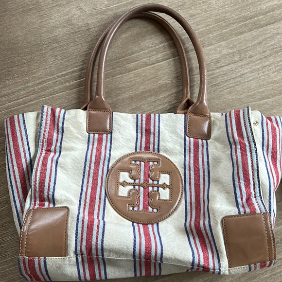 Tory Burch Handbags - Tory Burch small Canvas striped tote with leather trim